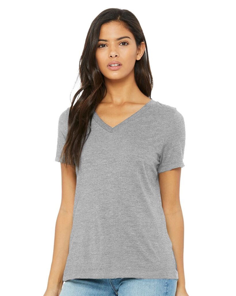Women’s Relaxed Heather CVC V-Neck Tee worn by a female
